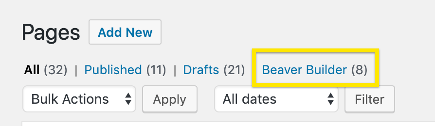 Screenshot of Beaver Builder filter link in WP lists of pages and posts