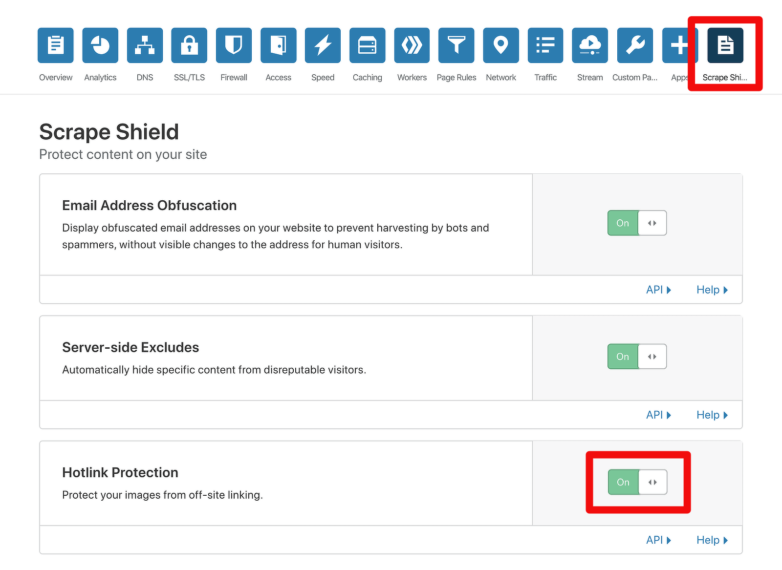 Screenshot of CloudFlare Scrape Shield UI, showing how to disable Hotlink Protection